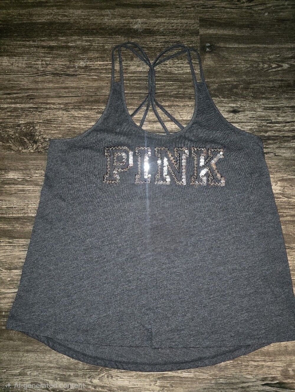 PINK Victoria's Secret Charcoal Gray Strappy Logo Tank Bling NWOT M